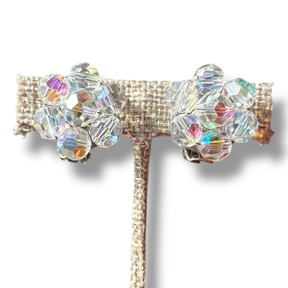 50s Aurora Borealis Clear Crystal Double Strand Necklace and Clip-on Earring Set - Picture 6 of 11